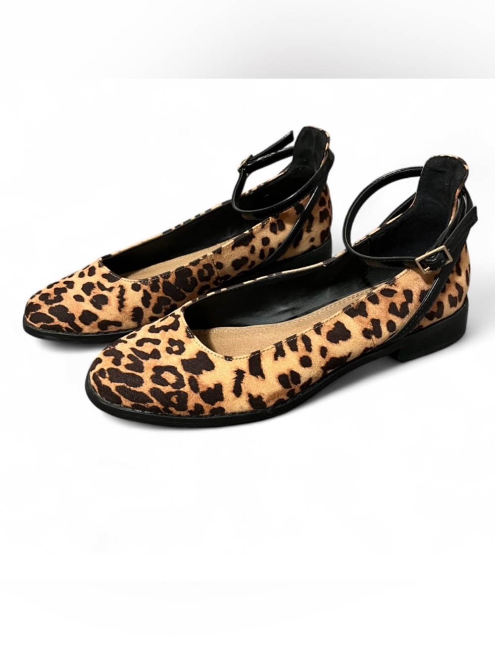 ASOS Leopard Print Ankle-Strap Flats in Tan and Black